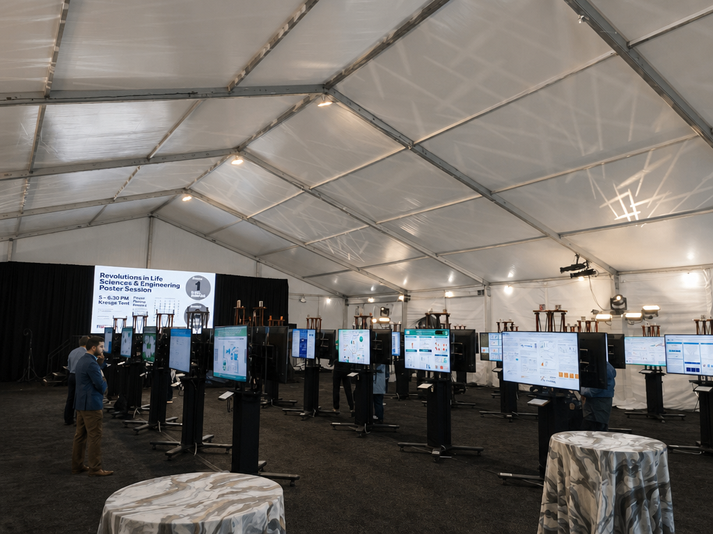 Digital poster displays arranged in an evening conference tent